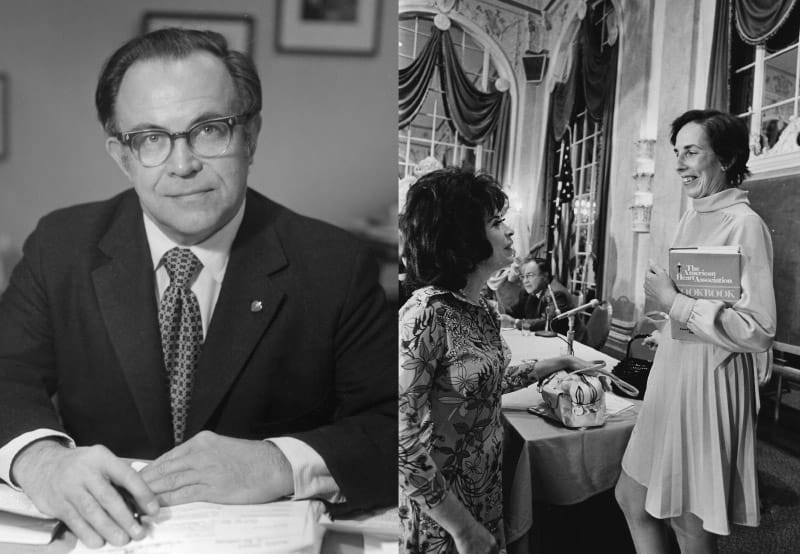 It was the vision of Dr. Campbell Moses (left), Heart Association medical director from 1967 to 1973, to create the Heart Association's first cookbook. Mary Winston (far right), Heart Association nutritionist from 1969 to 2001, was a consultant for the first edition and continued to lend her expertise to five editions that followed. (American Heart Association archives)