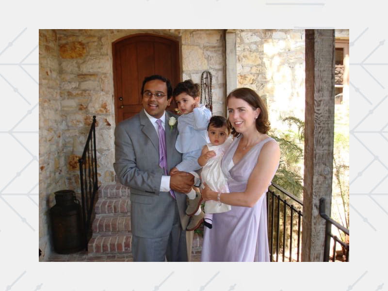 A photo of the young family, Dr. Manesh Patel with wife Sallie Johnson, with their small children, son Sanju, and daughter Maya