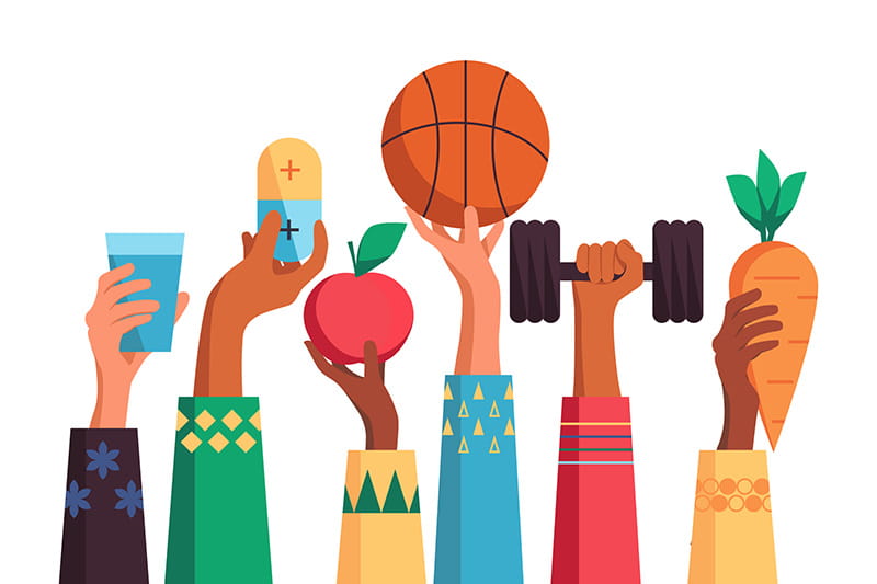illustration of hands of different people holding health objects and food up into the air
