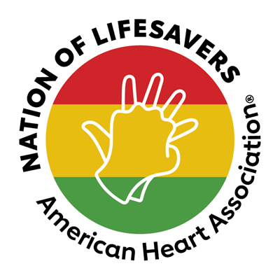 "Nation of Lifesavers American Heart Association" encircles a graphic with white line art of hands in CPR formation on top of red, gold and green horizontal stripes "Nation of Lifesavers American Heart Association" encircles a graphic with white line art of hands in CPR formation on top of red, gold and green horizontal stripes